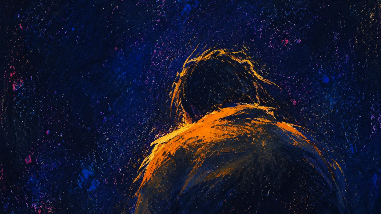 Stable Edges Fading A solitary figure with raised shoulders in deep indigo space, edged by thin amber light as surrounding surfaces fade.