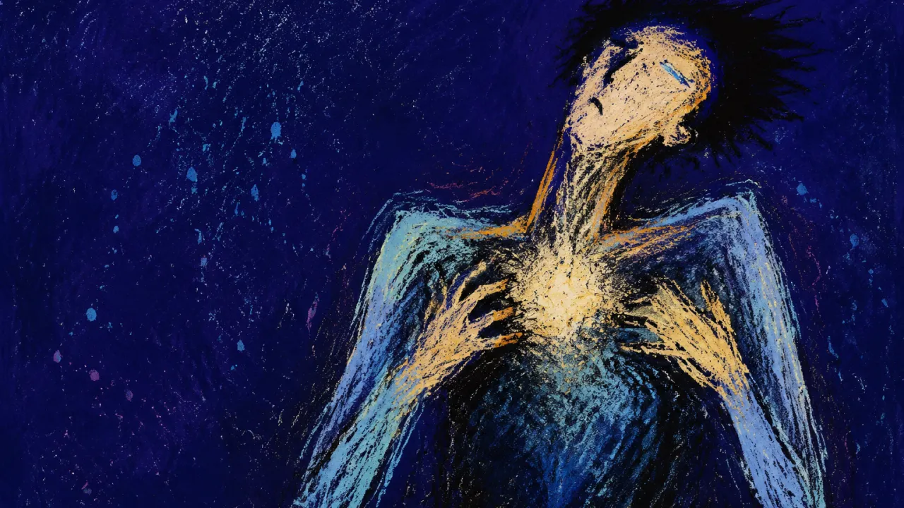 A Smaller Shape A solitary figure in a narrowing blue room, chest held in shadow, pale amber fading into deep indigo around the shoulders.