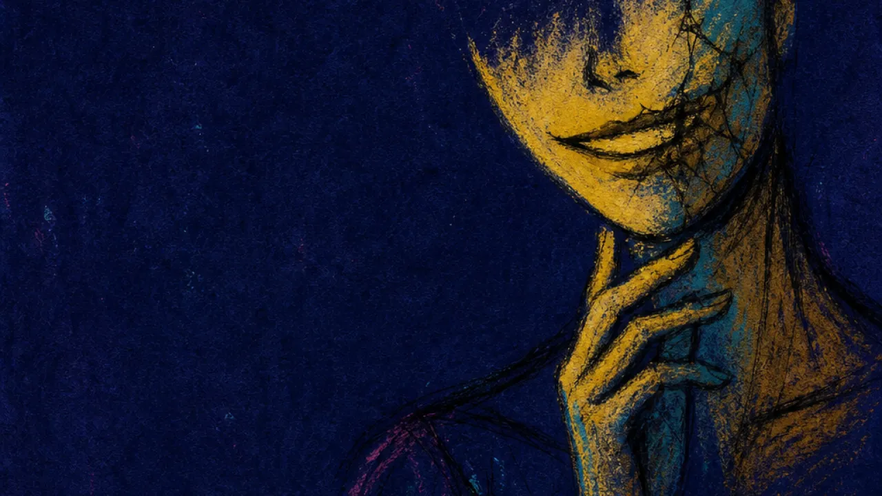 Smiling at the edge A figure with a lifted chin and lowered party glass, gold light splitting into teal near the jaw and throat
