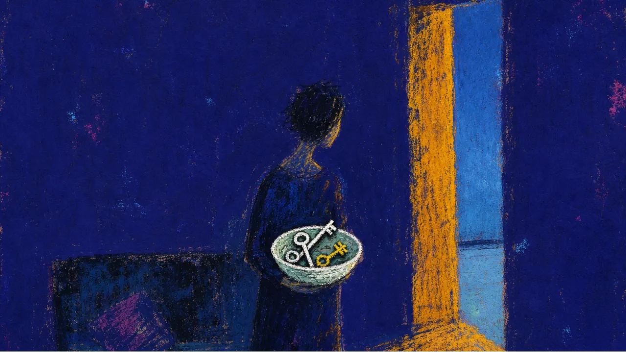 Keys down, horizon shrinking A figure sets keys into a bowl at a doorway, body angled toward a worn couch, with amber light cut by cold blue beyond.