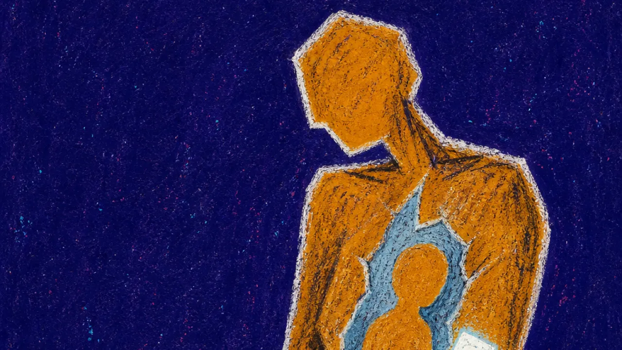 Shrinking inside the present A figure with lifted shoulders, one hand at the ribs and lowered gaze, surrounded by amber and pale blue fracture lines