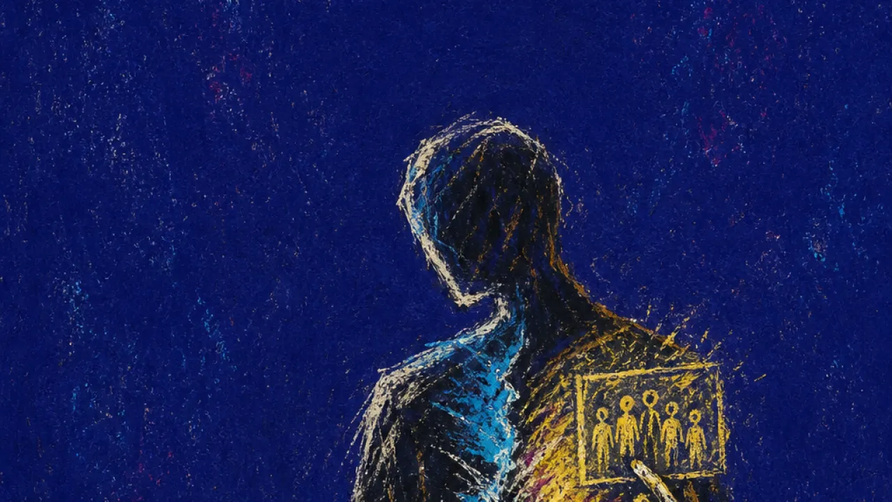 Hovering over elsewhere A side-turned figure holds a glowing group photo, with cyan light split against muted charcoal around the chest