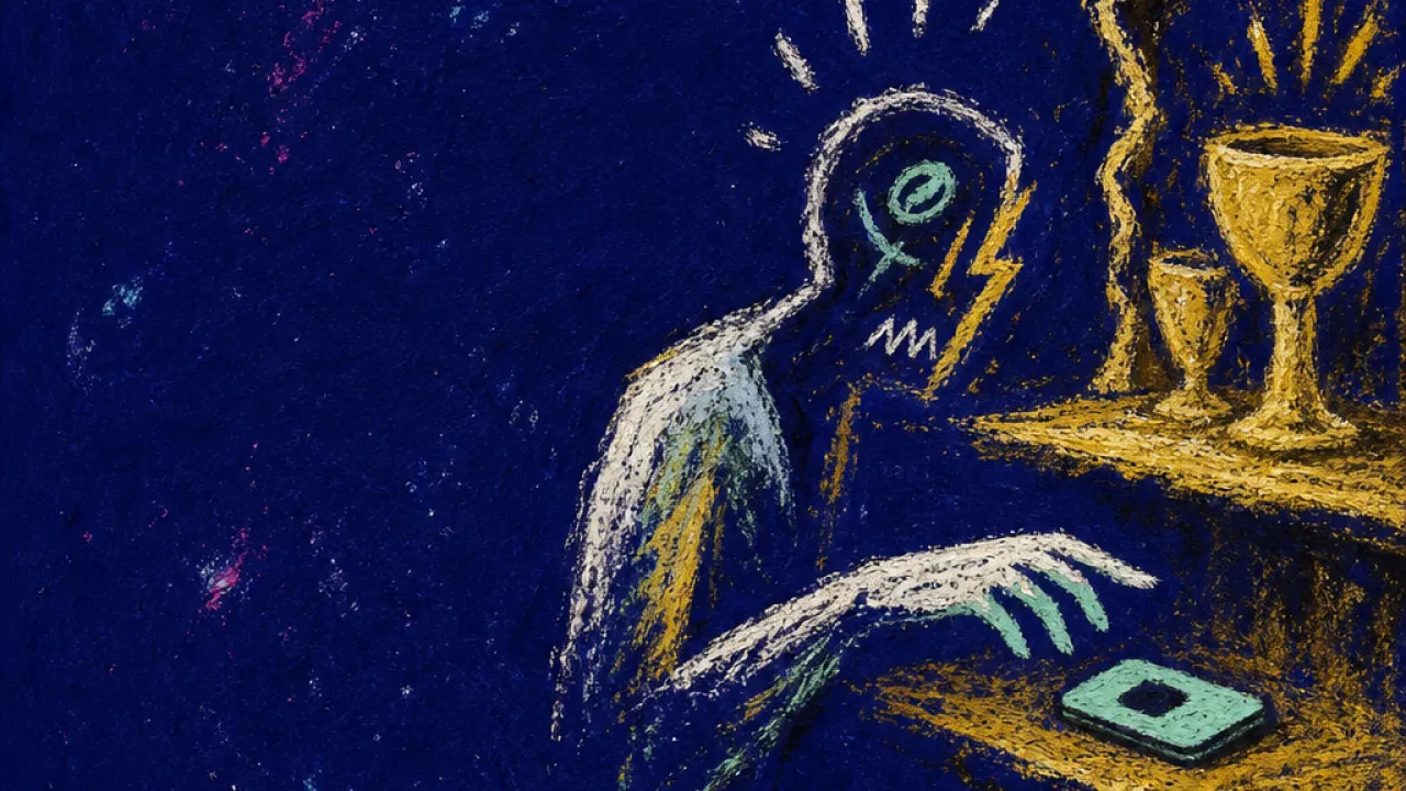 A leaning figure reaches toward polished cups beside a closed app, with a gold line breaking into hollow blue.