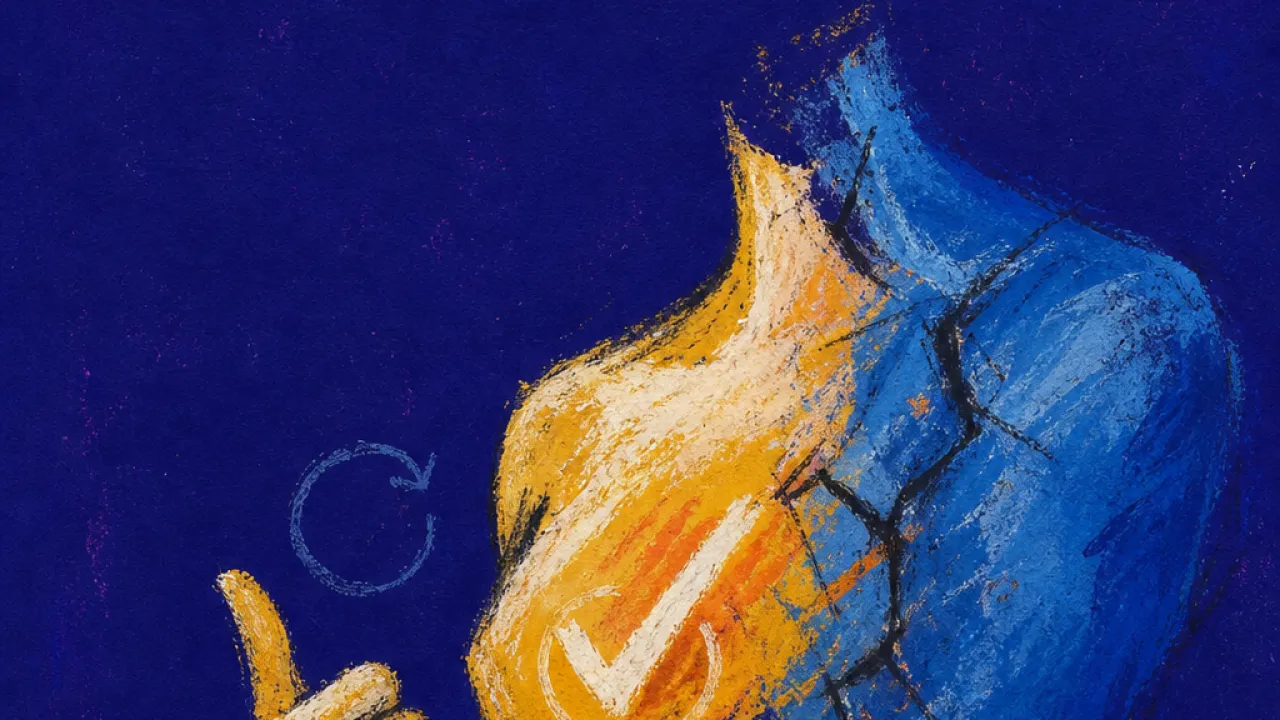 Leaning toward a silent signal A figure leaning toward a dim screen, thumb above a refresh spot, chest lifted as an amber line fractures into cold blue.