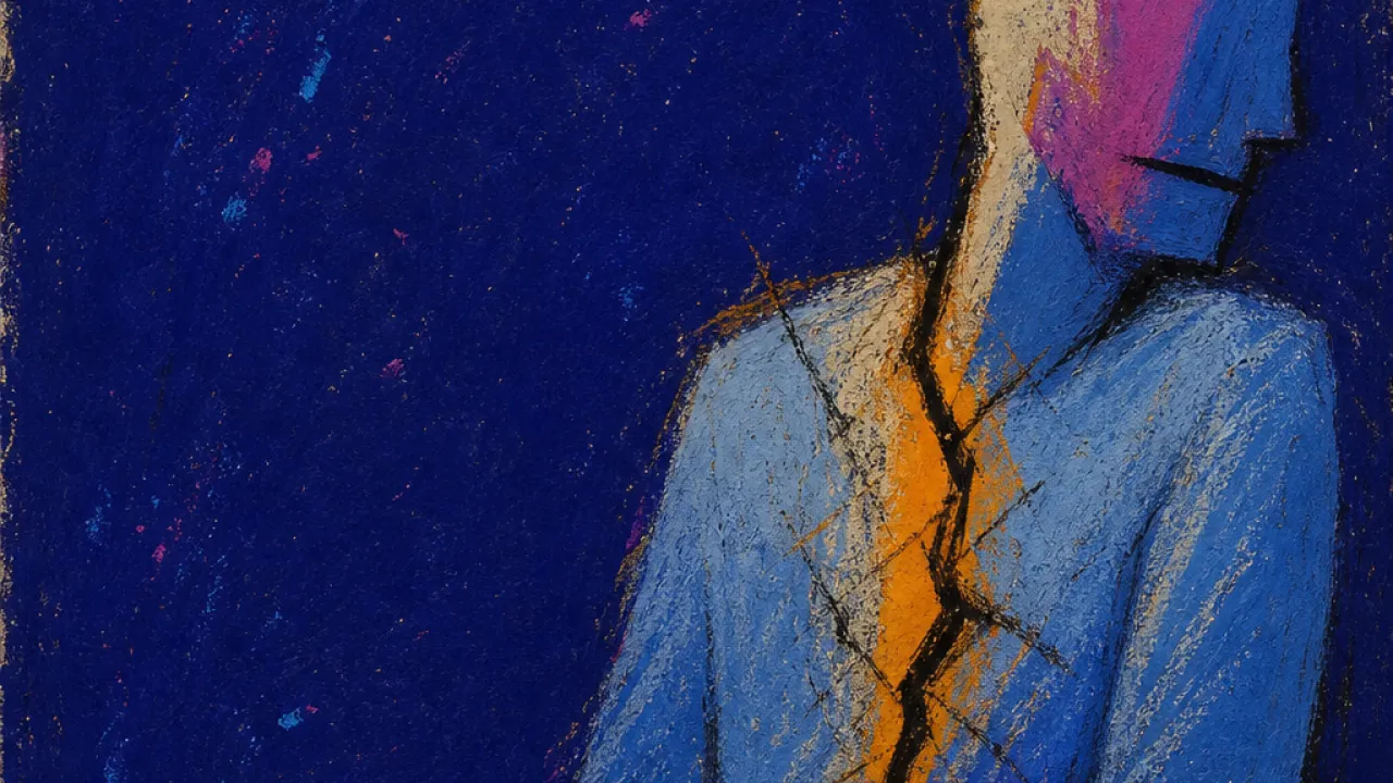 Vanishing before the edge A seated figure turns from a face-down phone, jaw tight, with an amber line sealed behind glacial blue glass
