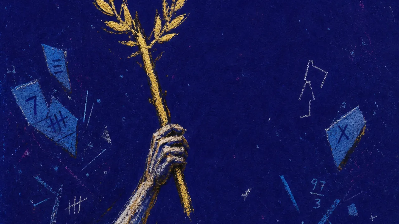 Holding the trophy, missing the route A figure holding a raised laurel wand while loose notes and broken markers scatter behind them, gold light split by cold blue