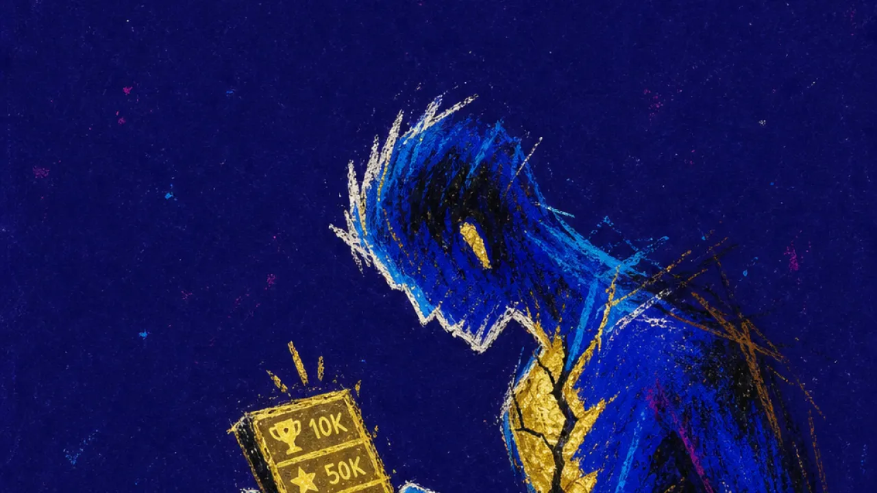 Mid-Zoom, Losing Your Timeline A forward-leaning figure grips a phone with stacked tiles, amber lines splitting across the chest against dark blue space.