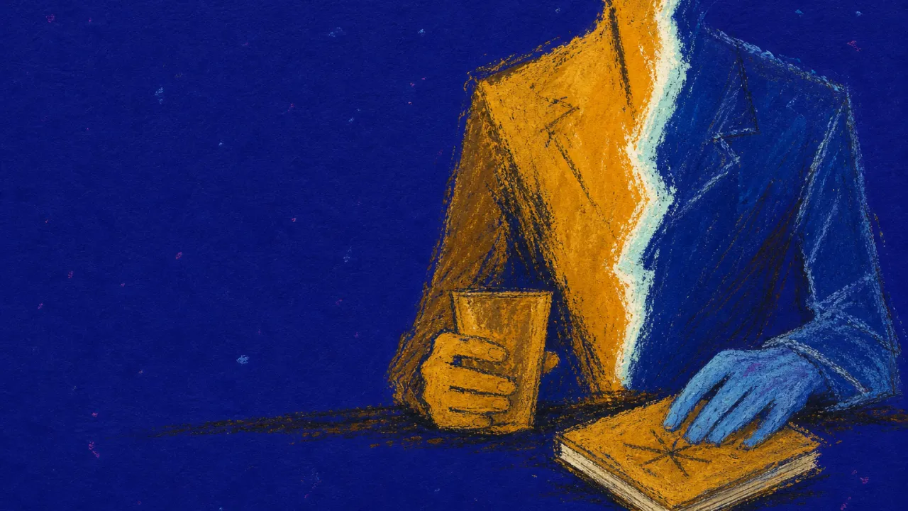 Holding breath behind glass A stiff figure holds a water glass at a meeting table, one hand pinning a notebook as amber meets cobalt at the chest