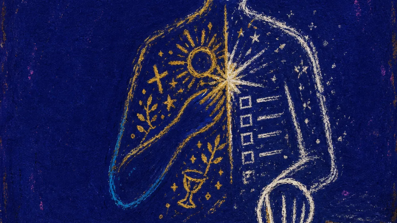 Holding Meaning, Narrowing Road A figure presses a pen cap over a marked map and task list, with a gold line breaking into cold slate at the chest.