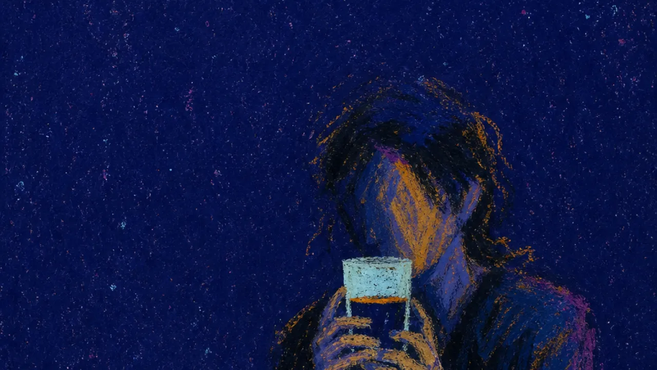 A figure holds a water glass with both hands beside a glowing phone, amber lines at the throat against deep blue water.