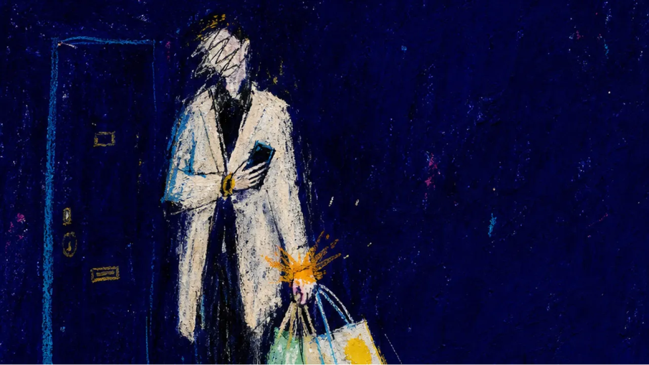 Holding Everything, Receiving Nothing A braced figure with grocery bags on one wrist and a phone face down, amber chest lines fracturing into blue-black space