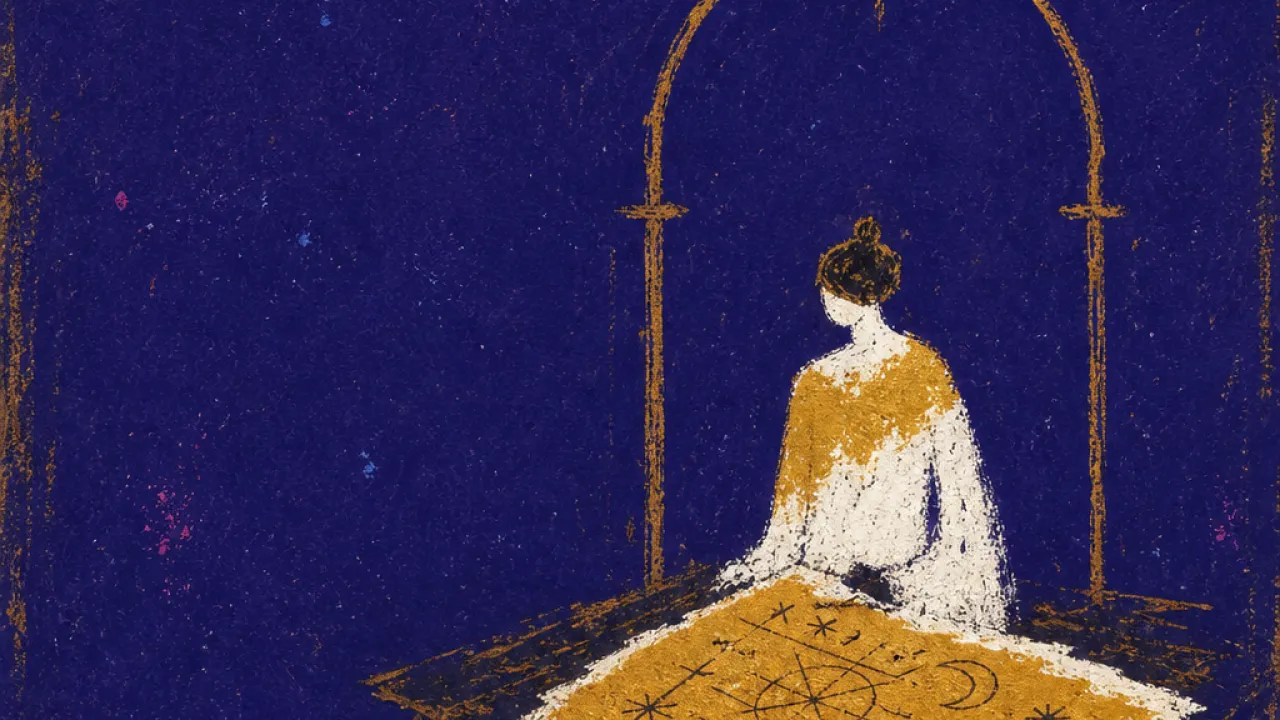 Seen before finished A figure on an elevated workbench steadies a marked rough draft under a dark arch, with gold light split by white glare