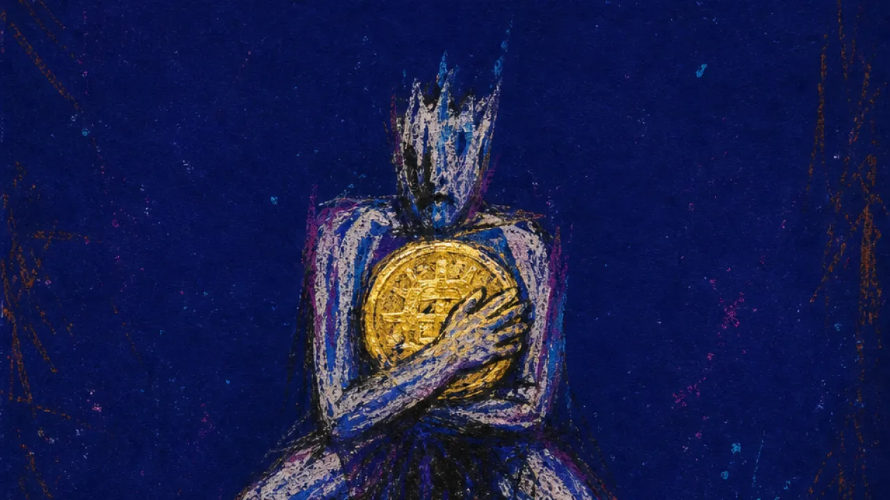 A figure clutching a gold coin to their chest while both feet pin two coins, with a tense gold line against blue-black