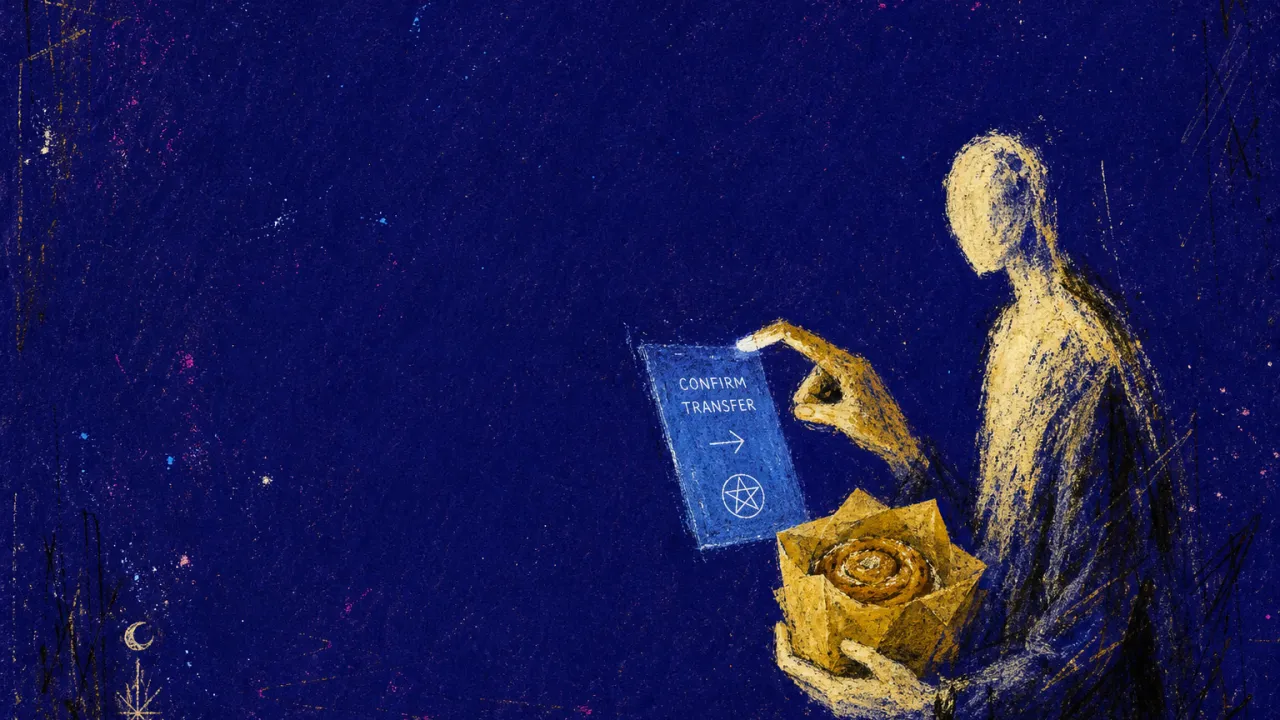 A figure holds an unopened pastry while one thumb hovers above a blue transfer button, gold paper pressed into dark space