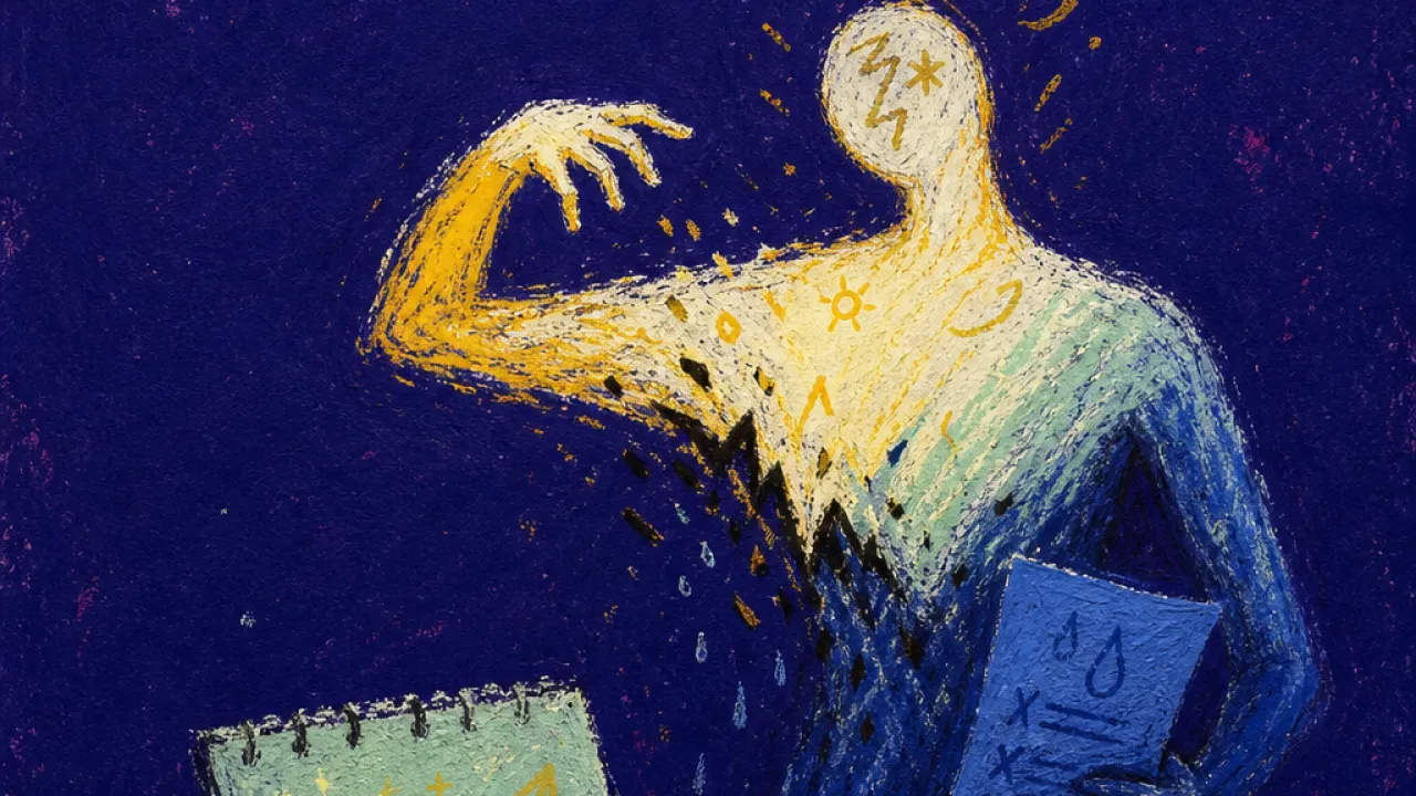 Holding Tomorrow Too Close A figure clutching an unread course page beside a half-open calendar, a gold line breaking across the chest into cold blue