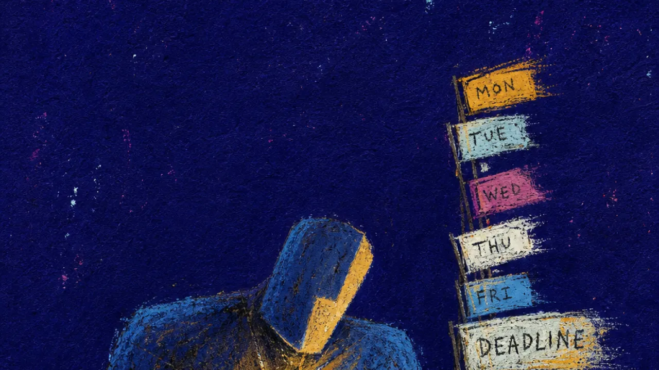 A rigid figure over an open laptop, fingertip on the trackpad, amber light fracturing into cold blue across the chest