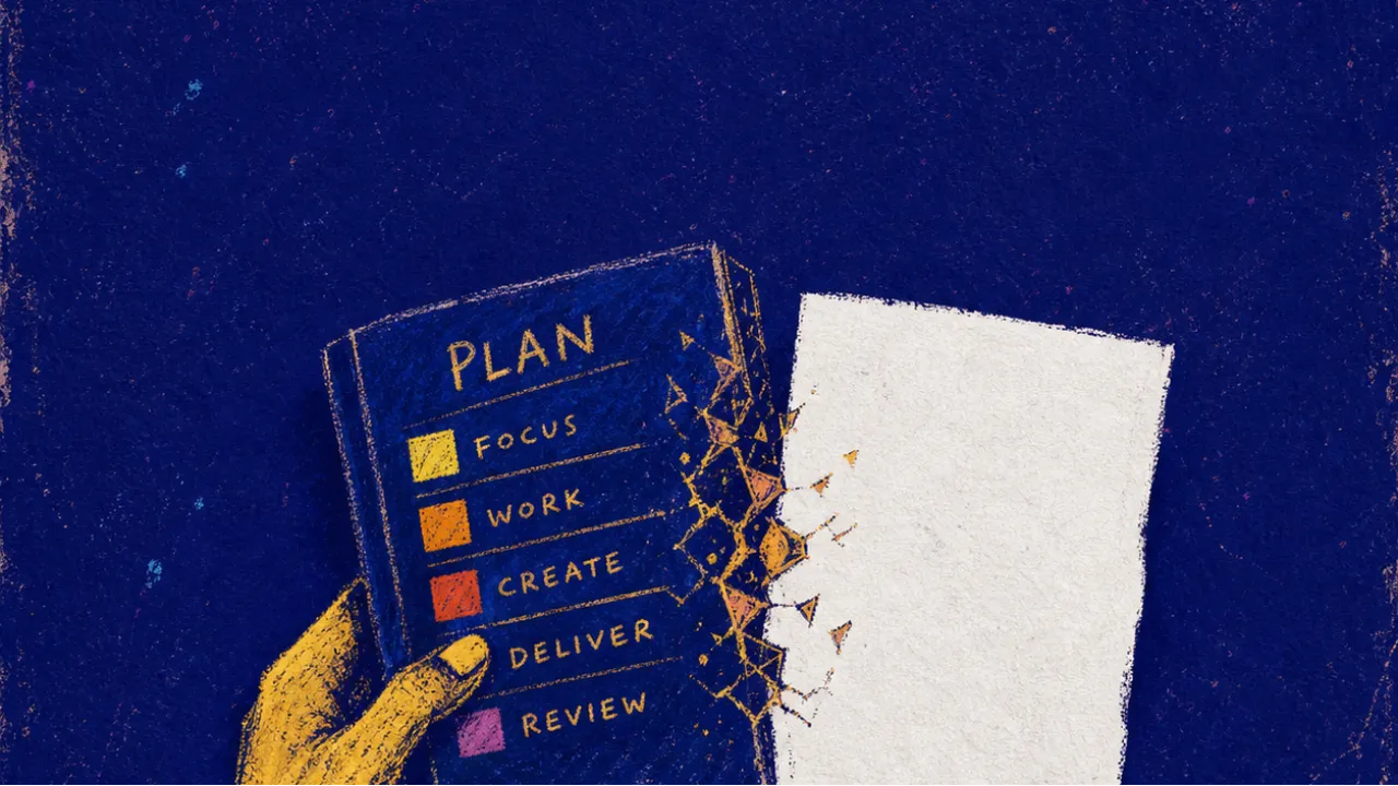 A rigid figure pins a color-coded planner beside a blank document, with amber marks breaking into cold white space