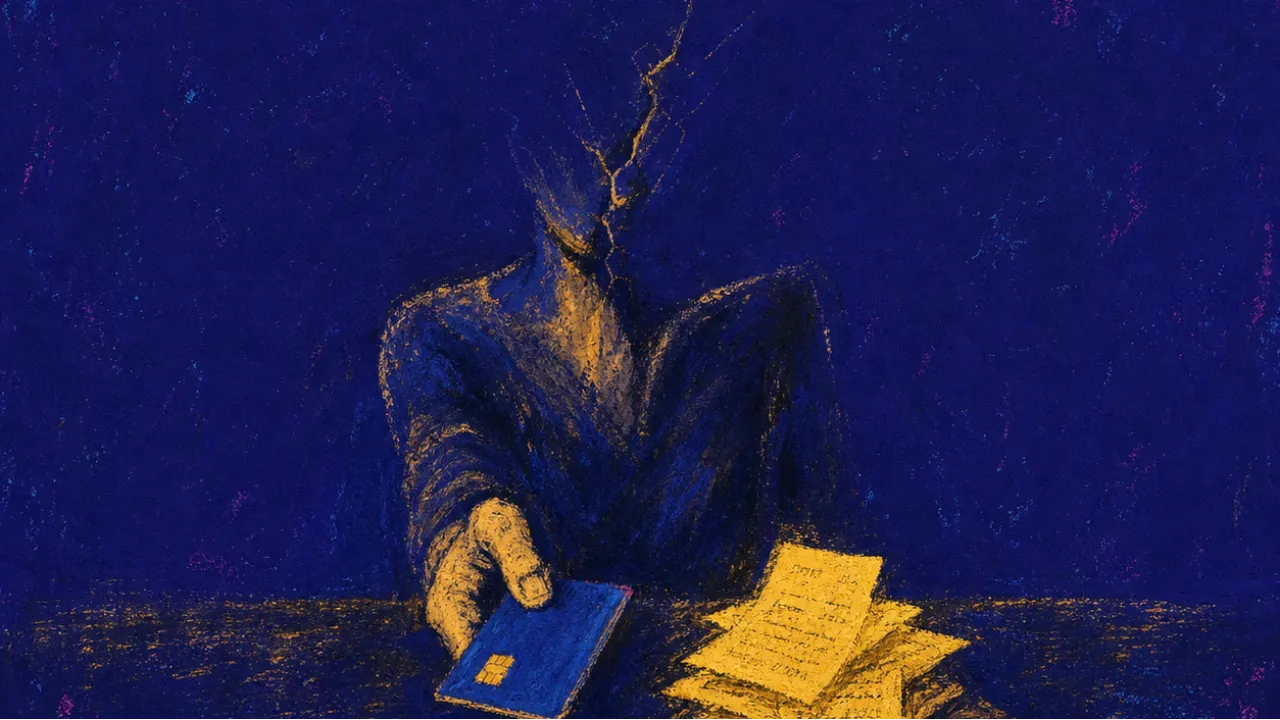 A figure offers a payment card over stacked receipts, a fractured gold line at the throat against cold blue