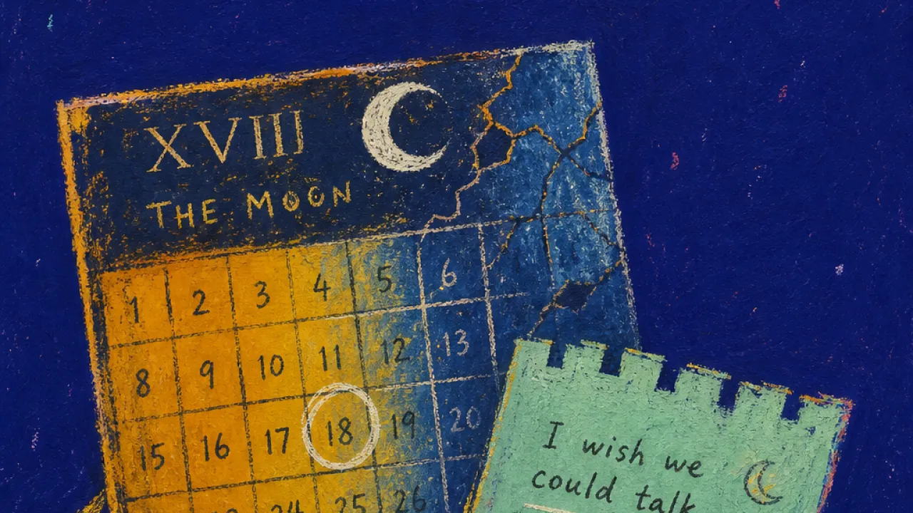 Holding Order, Losing Contact A rigid figure presses a color-coded calendar while gripping a half-written script, amber grids breaking into steel blue.
