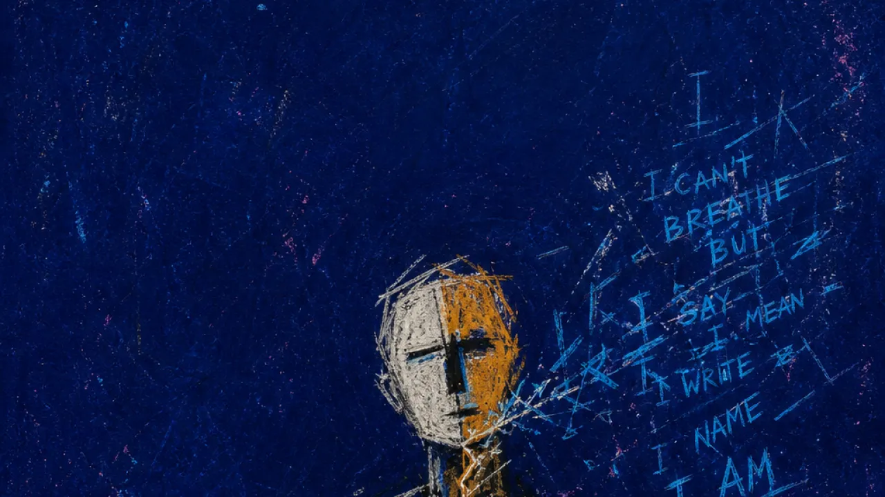 Explaining above the body A rigid figure with one hand at the throat and the other editing a page, blue lines splitting from amber glow in dark space
