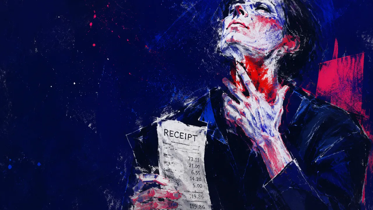 Bracing behind the blade A seated figure grips a printed receipt, one hand near the throat, with white steel lines cutting into bruised red light