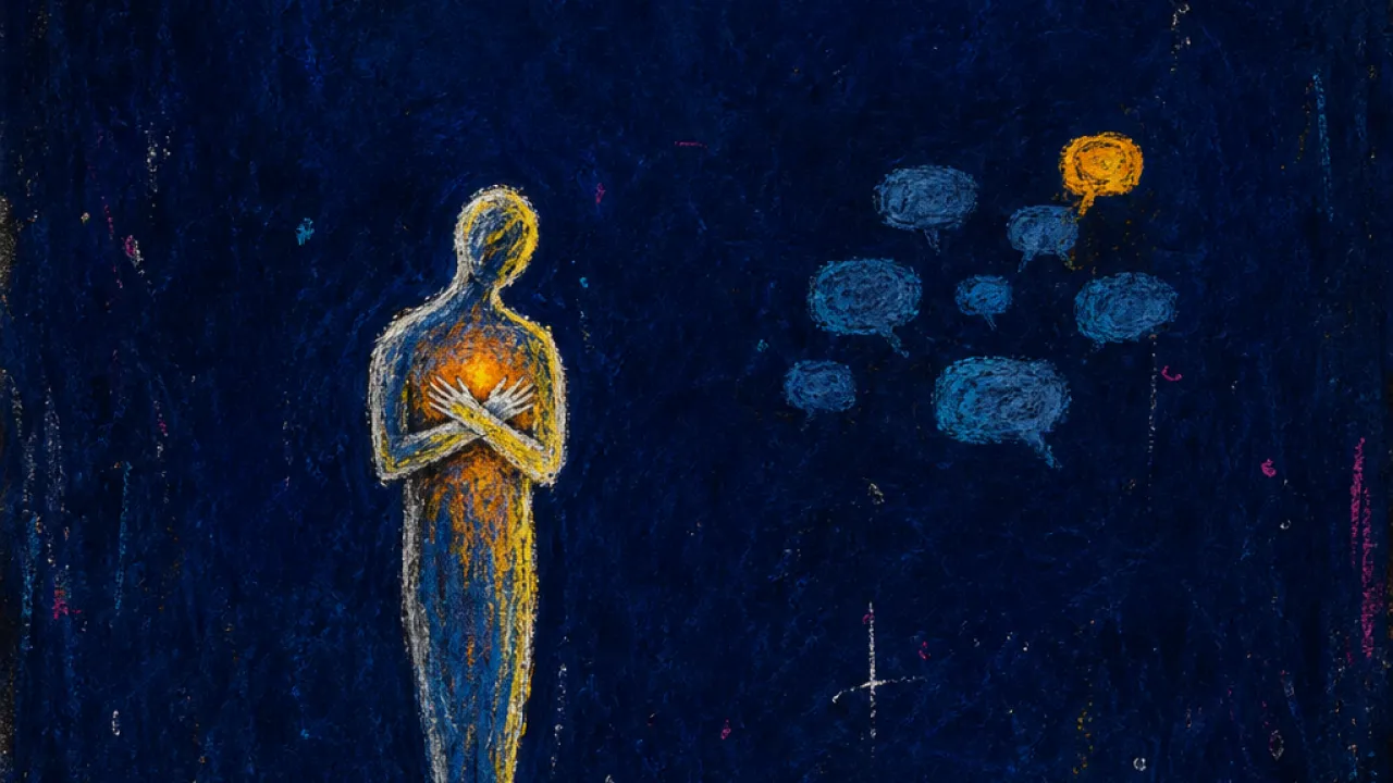 Holding Still, World Gone Quiet A still figure with hands clasped over the ribs beside a dimmed chat screen, amber light compressed into cold blue shadow