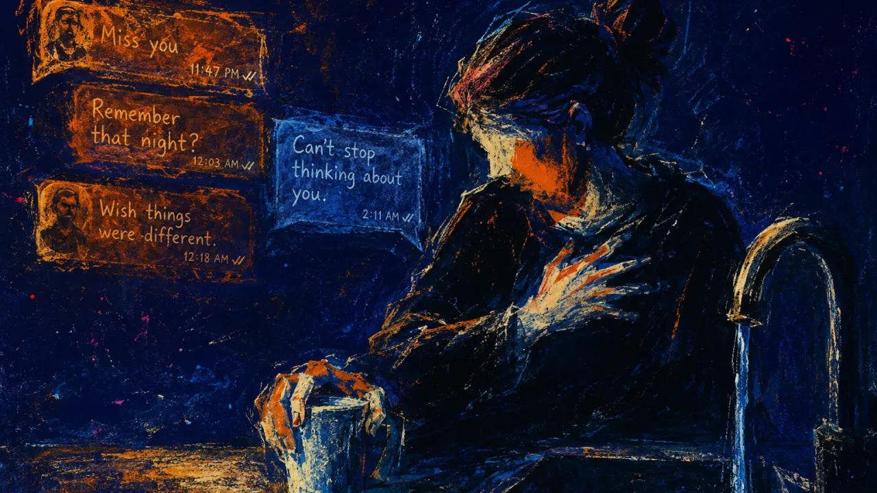 Gripping what already crossed A figure grips a cup under running water as amber message fragments drift near a cold blue current.