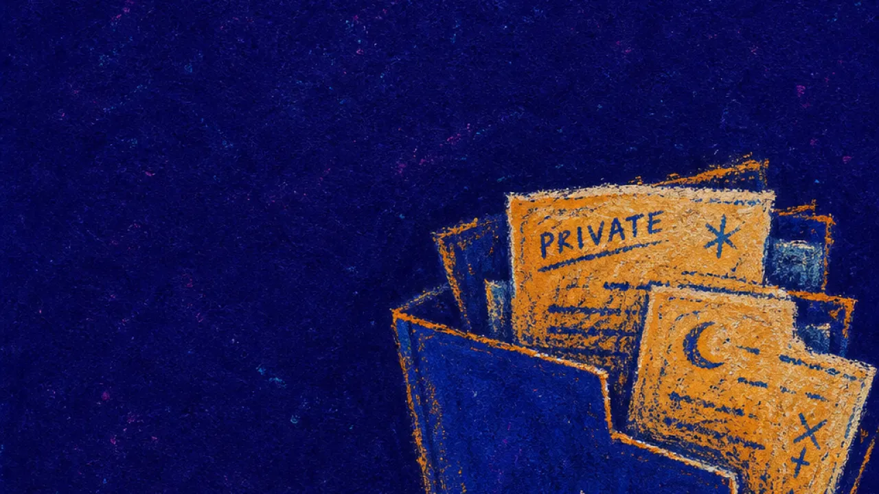 Guarding what weighs you down A figure gripping private notes beside half-open folders, with amber lines breaking into cobalt shadow around the hands