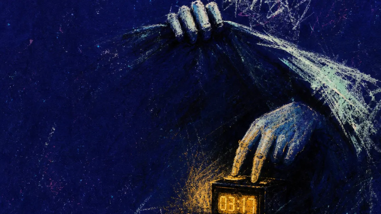 Chasing Sleep, Staying Awake A figure in a dark bed grips the sheet while fingers hover over a glowing alarm screen, amber light breaking into black-blue.