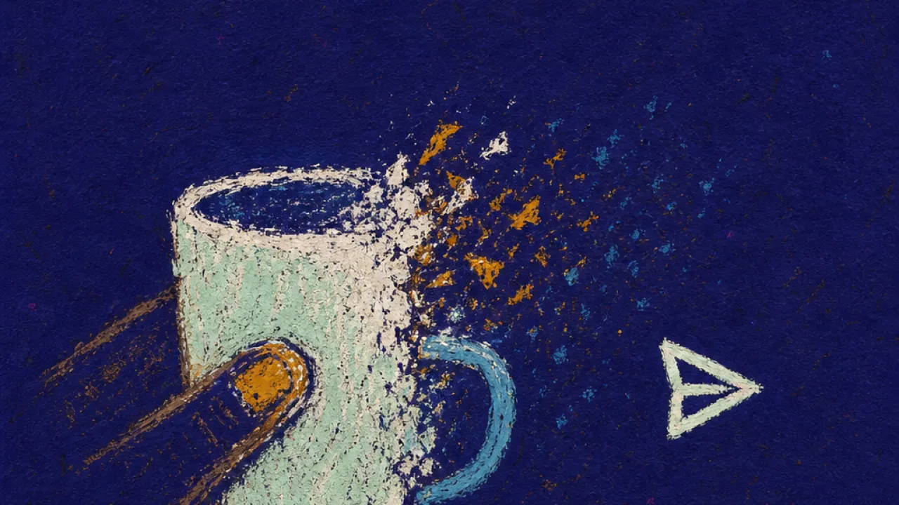 A rigid figure presses a thumb into a mug beside an unsent email, white lines breaking into amber and cold blue