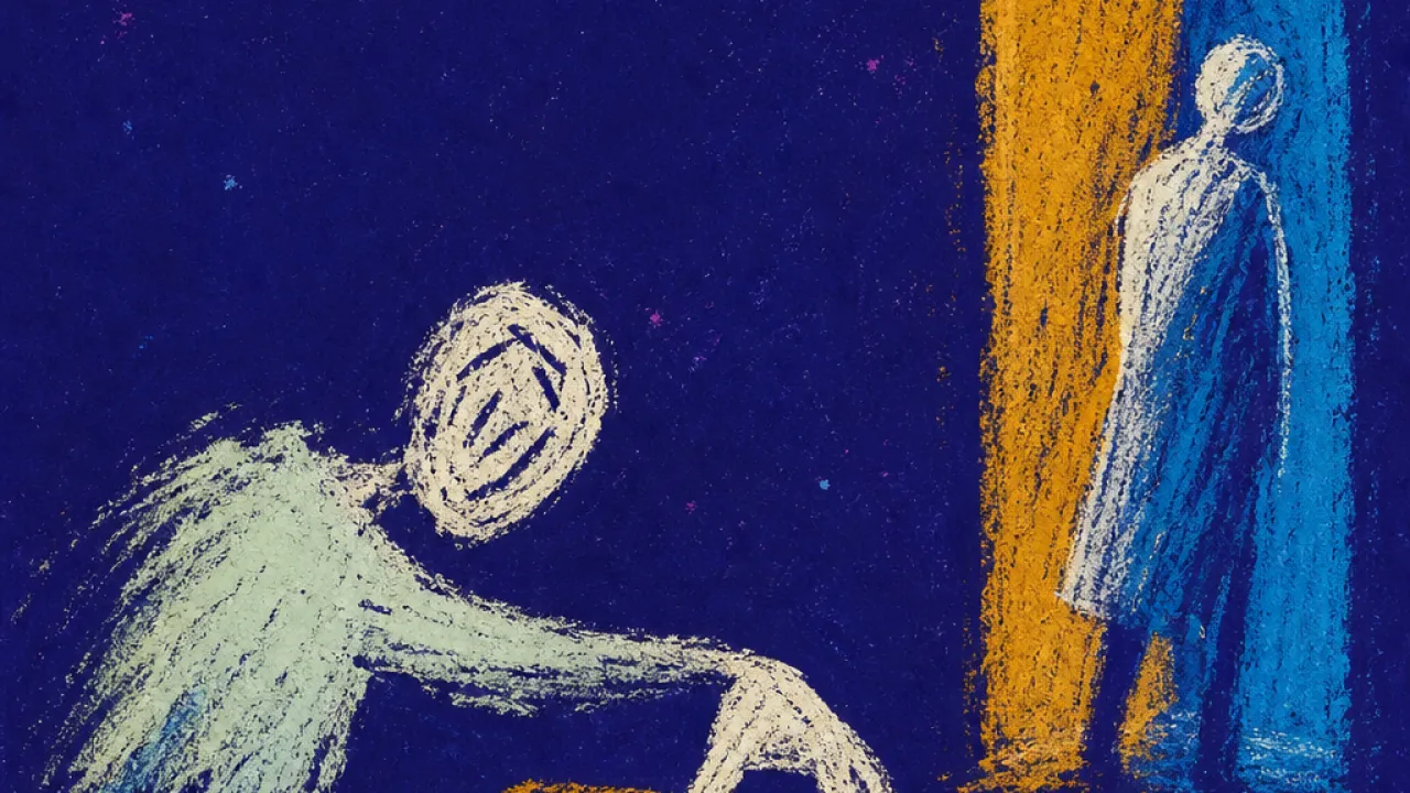 Reaching closer, widening the gap A forward-leaning figure hovers a thumb over a half-typed text while another person turns sideways in amber and blue light.
