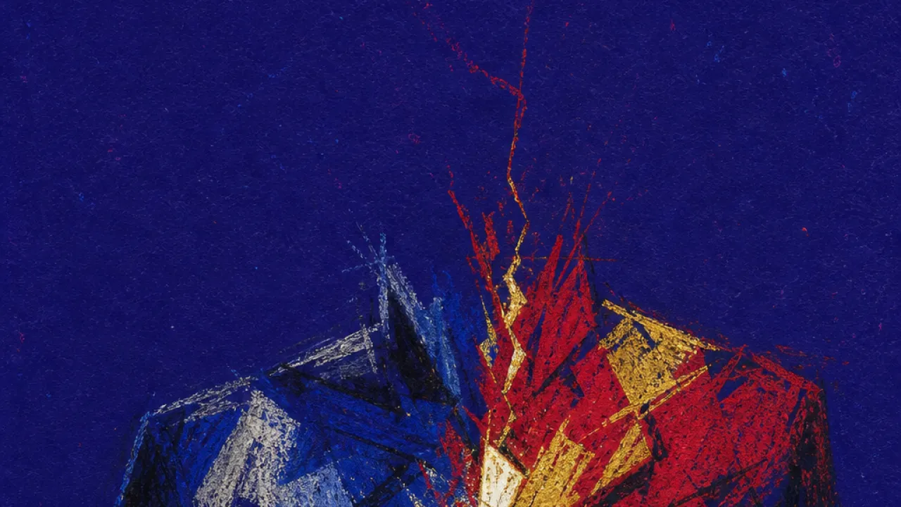 Holding Rank, Losing Room A seated figure gripping a wand like a boundary, shoulders lifted, with red-gold light fractured by cold blue at the chest.