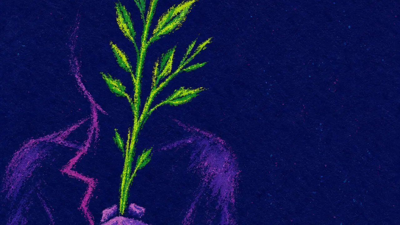 Holding promise above ground A figure grips a leafy wand above untouched soil, with electric green light splitting into dry umber around the ground