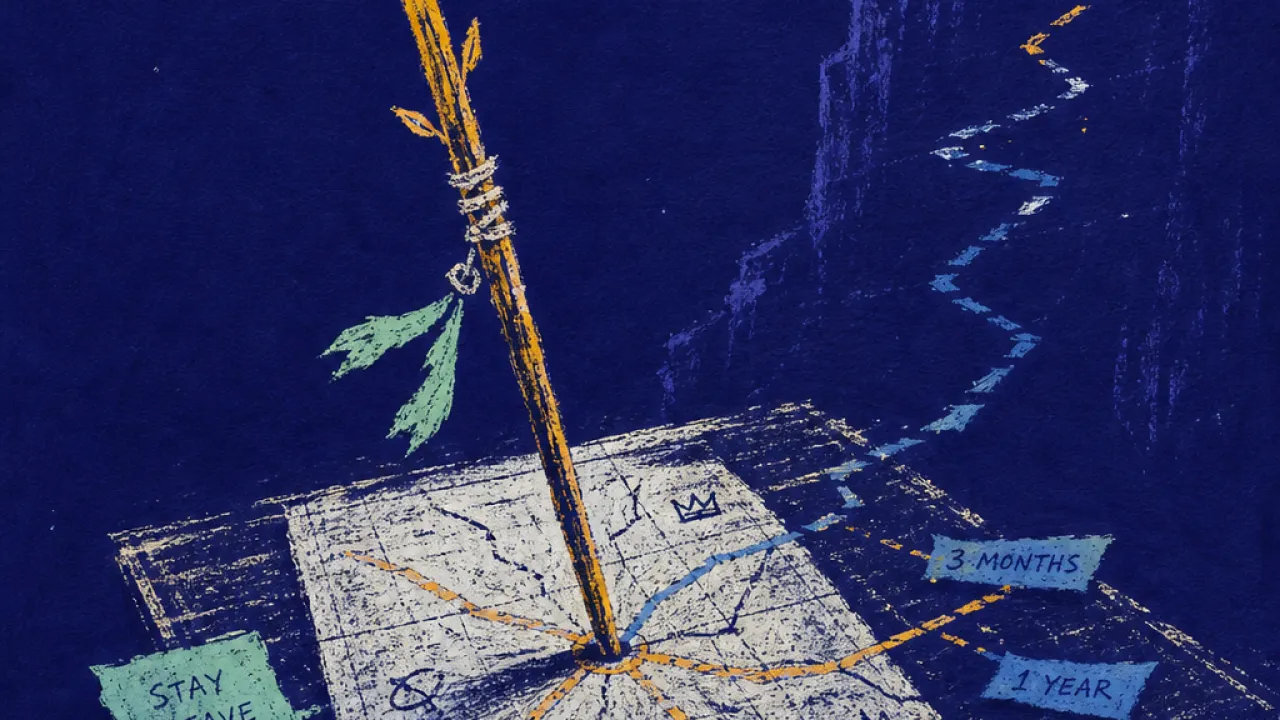 A figure grips a planted wand beside scattered timelines, with an amber map line breaking into cold blue distance