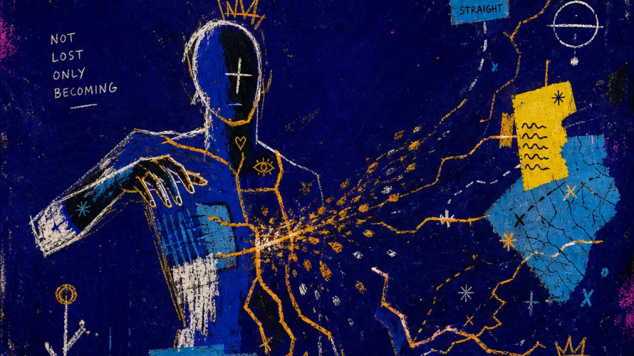 Busy motion, missing center A figure with raised shoulders hovers over layered tabs and maps, amber lines splitting across a dark blue-black space