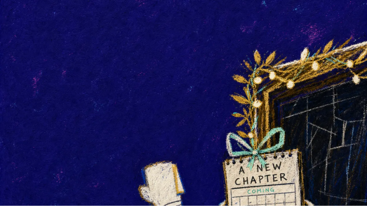 A figure grips a ribboned calendar beside a decorated gate, with gold garlands fading into cold blue-black space