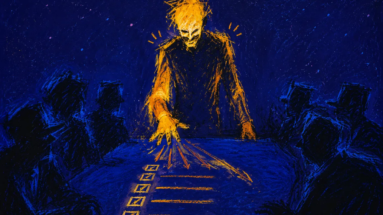 Holding every view, losing yours A rigid figure at a meeting table, hand above a split list, amber lines crossing into hard cobalt gaps