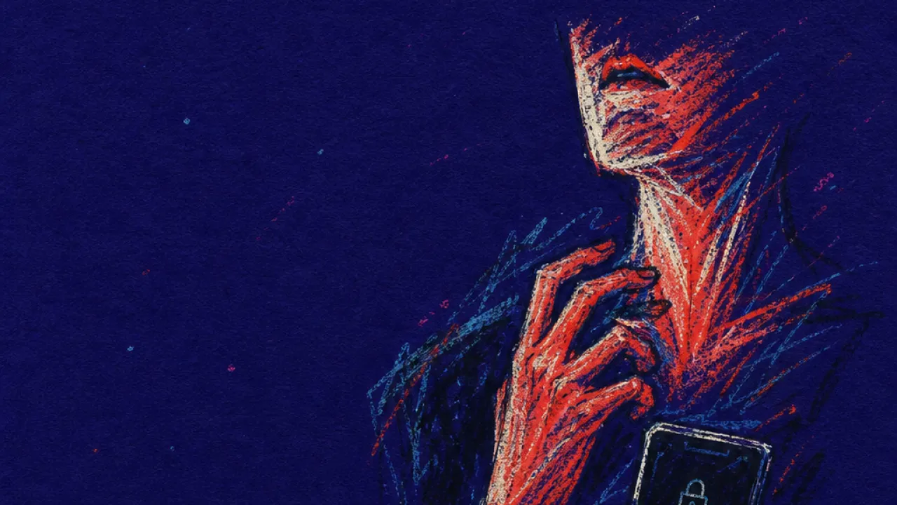A braced figure with raised shoulders beside a locked phone, red lines colliding across a dark blue-black background