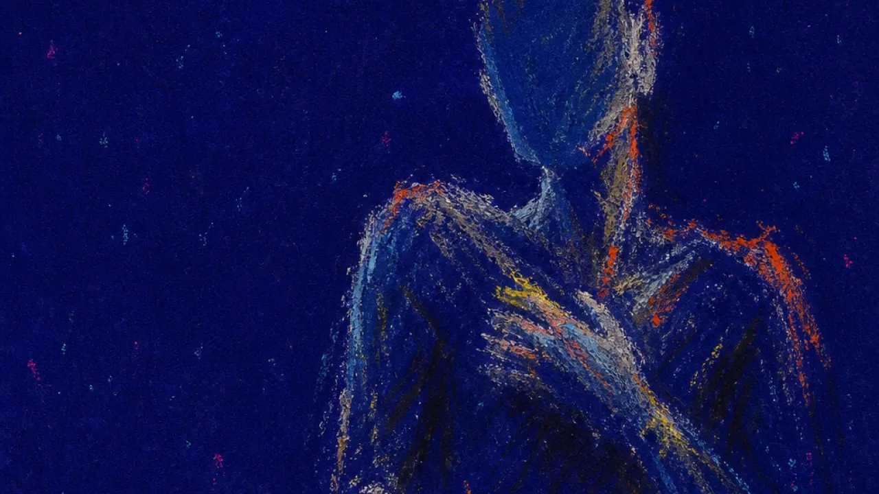 Hovering over send A tense figure hovers over a glowing send button as orange streaks cut through a blue-gray screen and raised shoulders