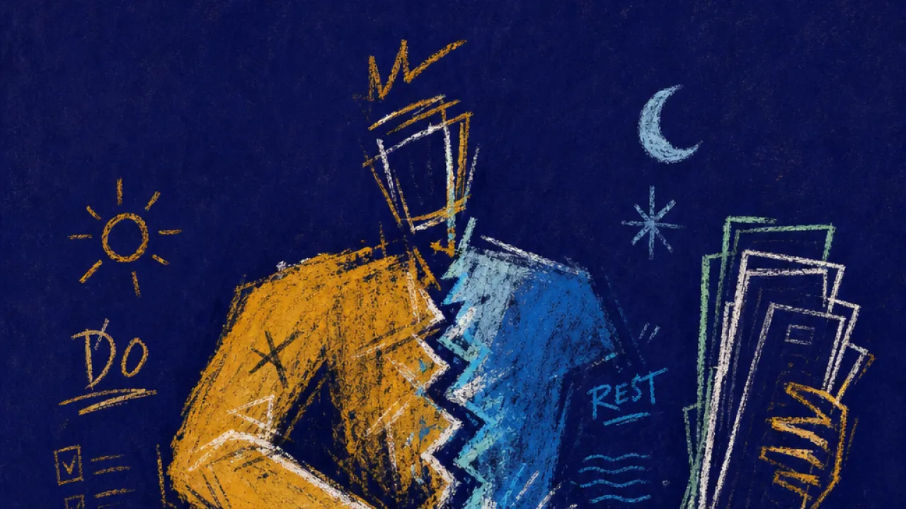 Holding the Gap, Losing Rest A bracing figure pins a split planner with one forearm while a vertical file stack glows amber against cold blue.