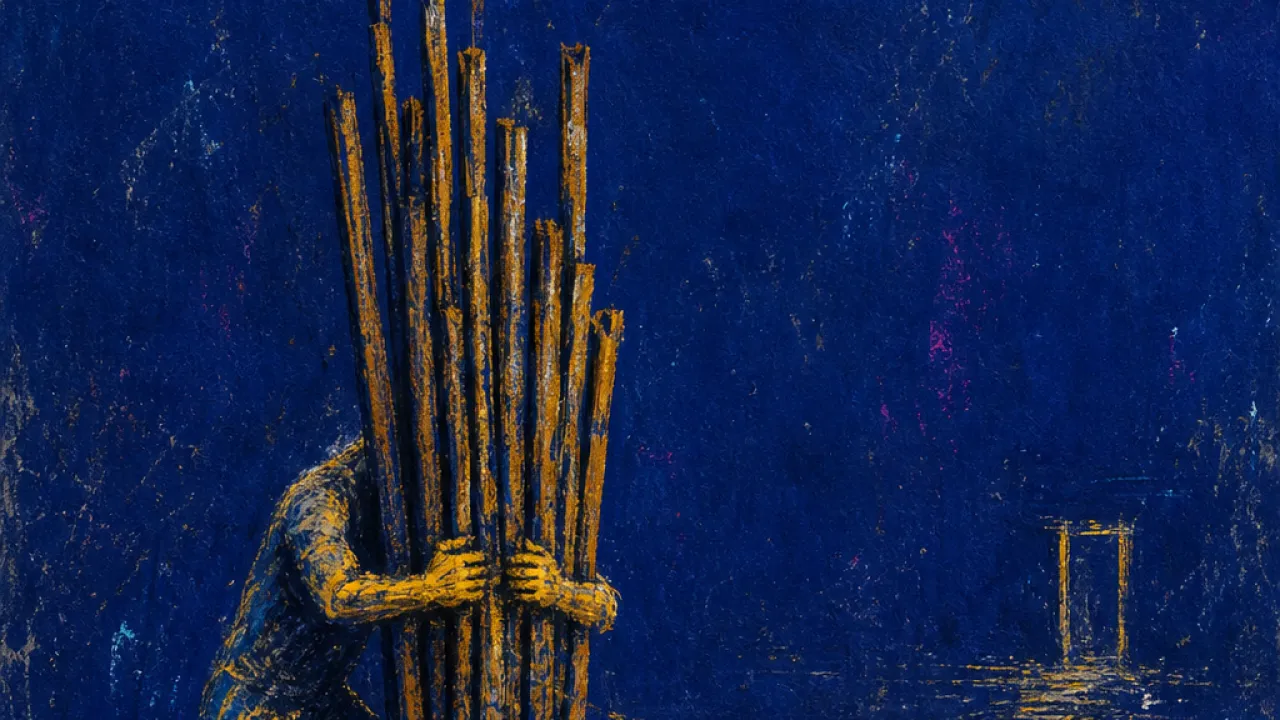 Moving forward, losing the field A figure with head down behind a bundle of vertical staffs, amber light splitting against deep blue at the chest and hands