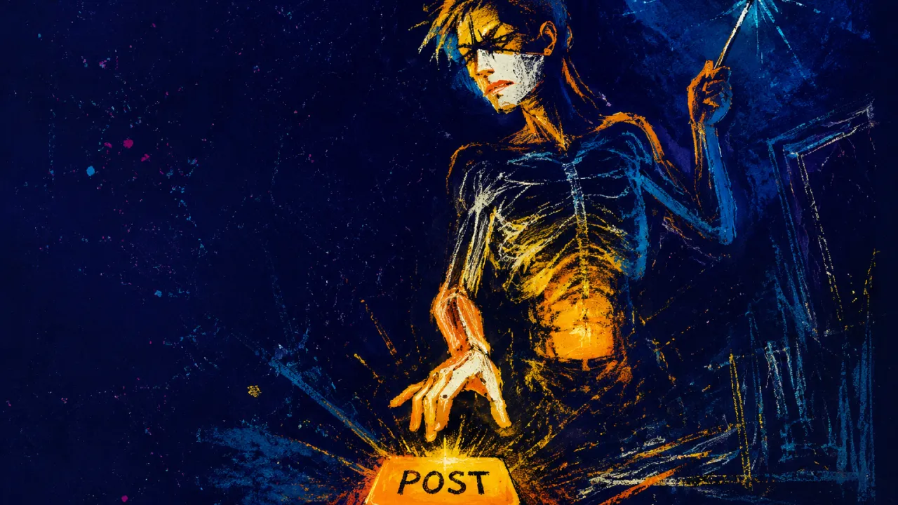 A figure with one hand over a glowing post button and the other holding a raised wand, amber light splitting into cold blue.