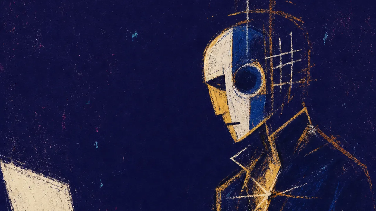 Confident stance, untested hands A rigid figure beside a blank setup screen, fingers hovering over keys, amber line at the collarbone against cold blue.