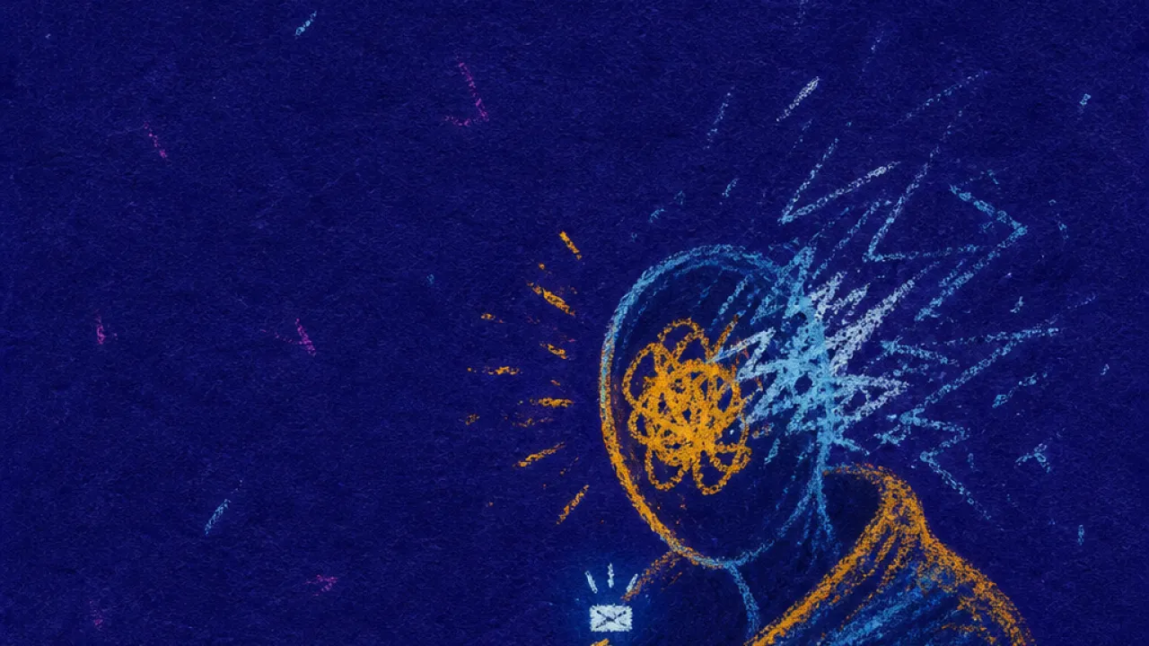 Wrapped Calm, Pressure Overhead A figure clutches a blanket around their shoulders, thumb above a glowing feed, amber light breaking into cold blue static.