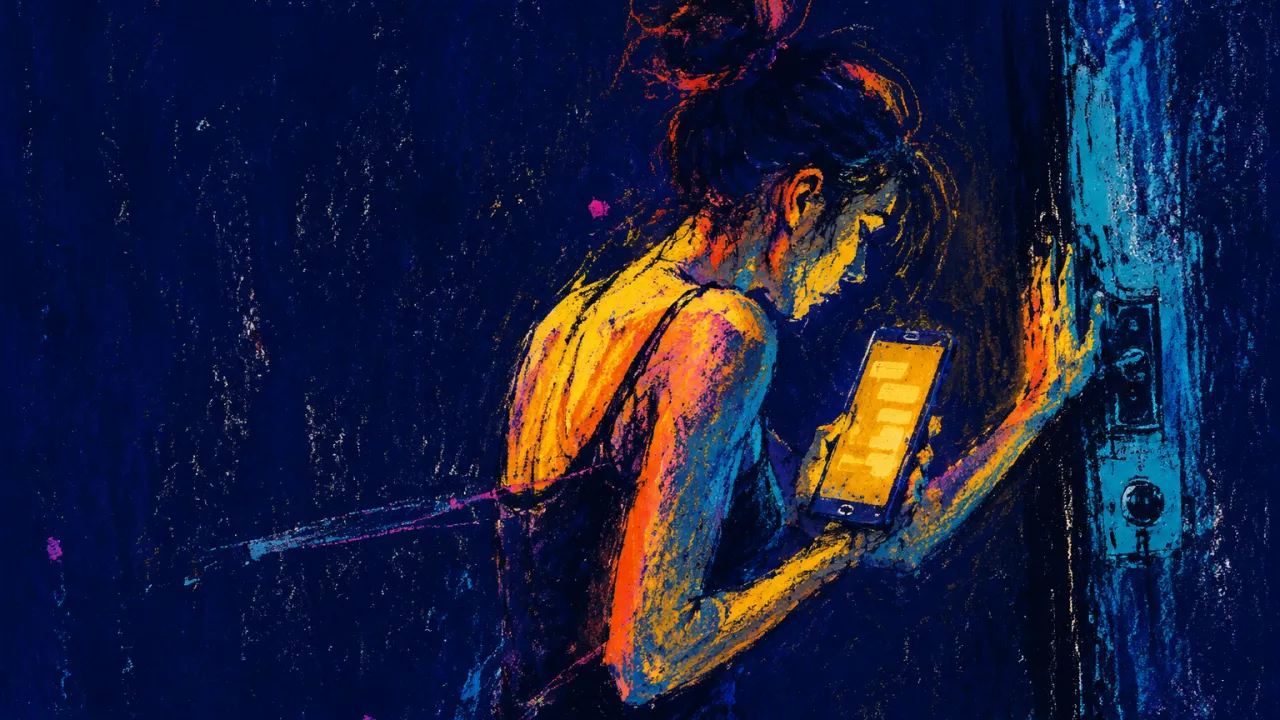 One More Look, Less Trust A figure at a threshold, one palm on a lock and the other holding a glowing chat screen, amber light breaking into blue