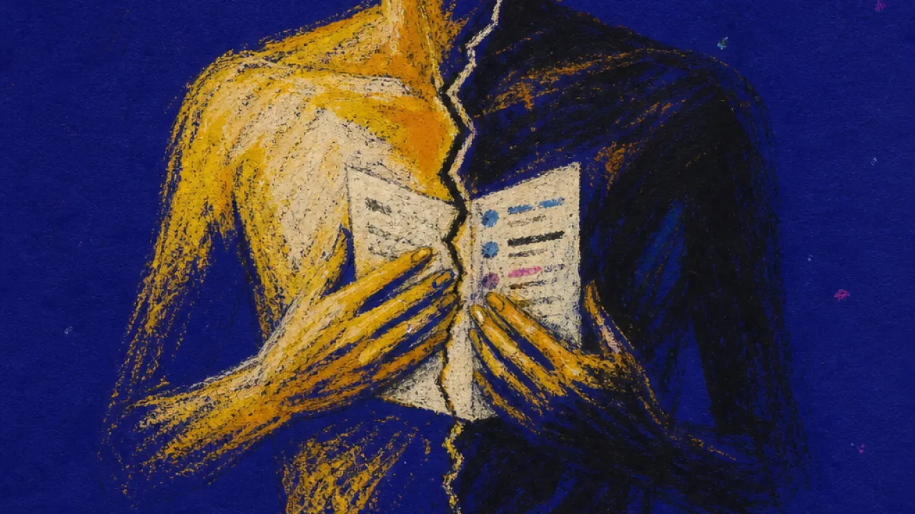 A figure presses a glowing chat transcript to their chest, amber lines splitting into blue-black shadows around them