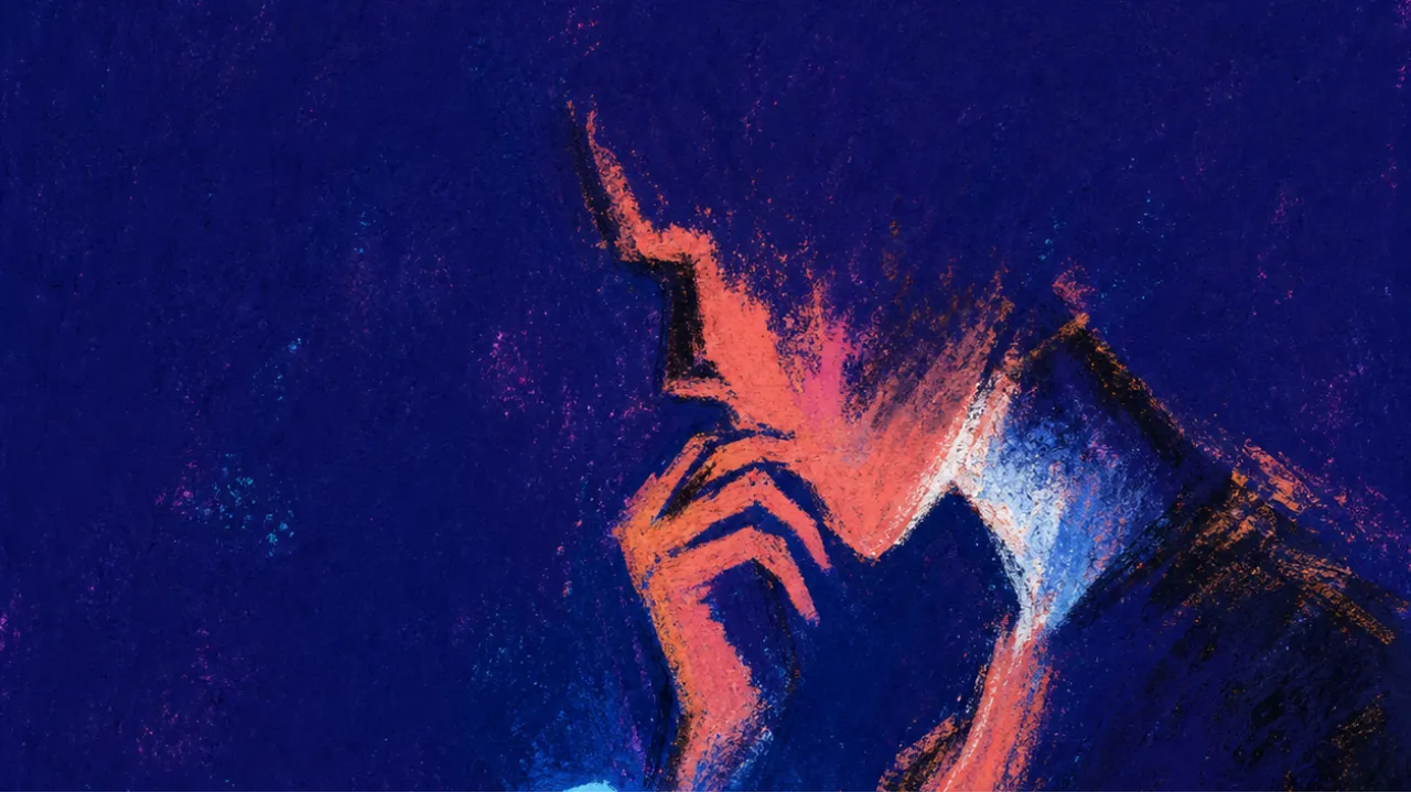 Performing closeness, losing contact A figure with one hand near their mouth and a thumb over an unsent message, coral light fractured by clinical blue