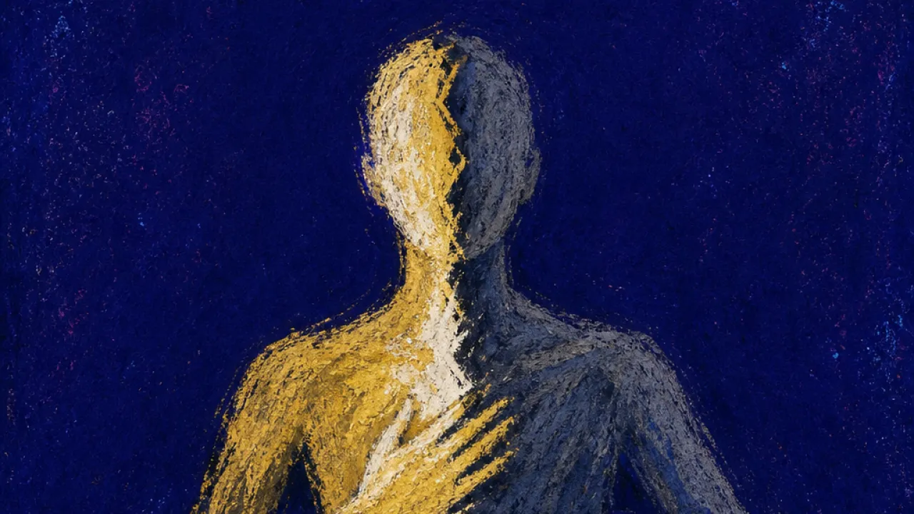 Holding still before the verdict A figure with one hand at the sternum and one hand hovering over a confirmation screen, gold light split by cold slate lines