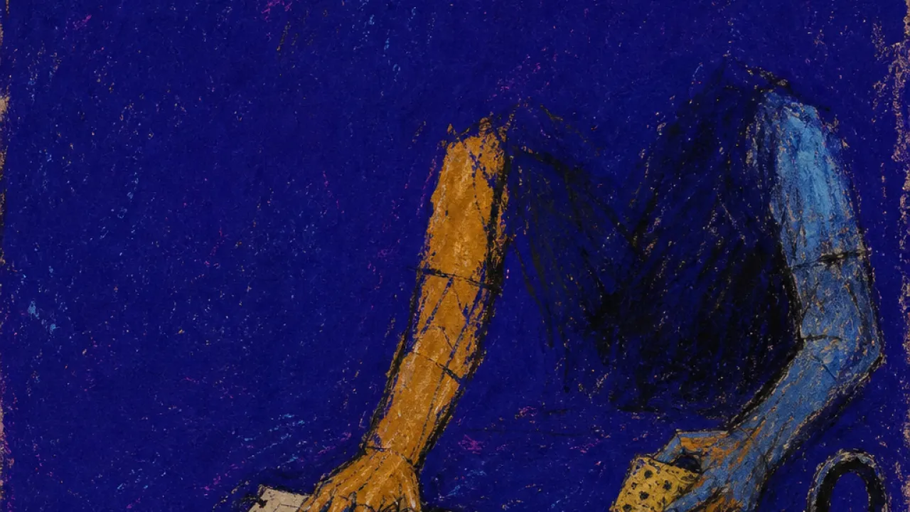 Holding everything, losing rest A rigid figure holds a planner and sponge beside an unpaid bill, amber lines splitting into steel blue around the arms