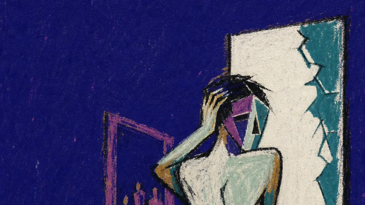 Polished outside, absent inside A rigid figure pins hair beside a lit mirror, with a porcelain white reflection fractured against deep teal shadows
